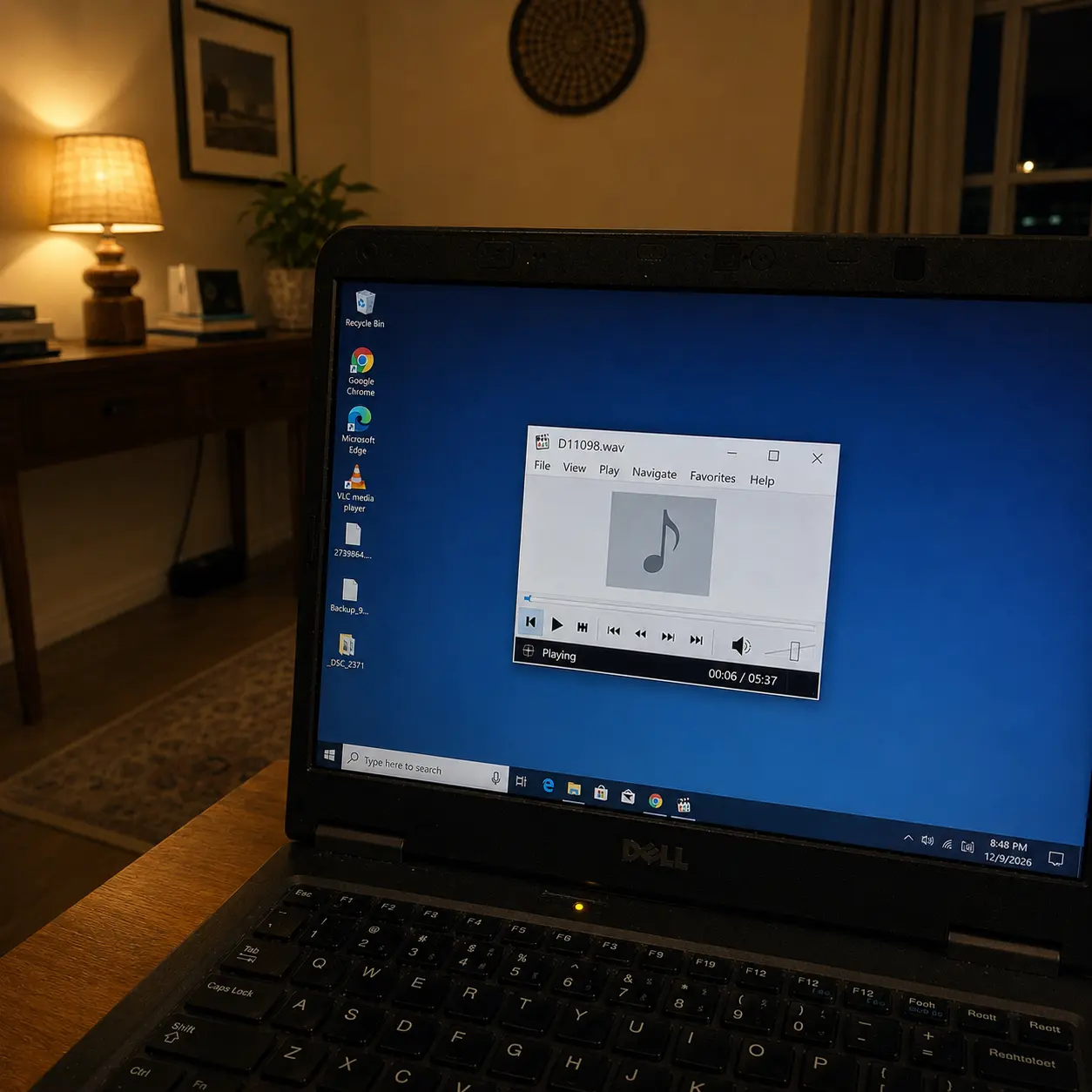 An old raw audio file playing in a media player on the narrator's laptop